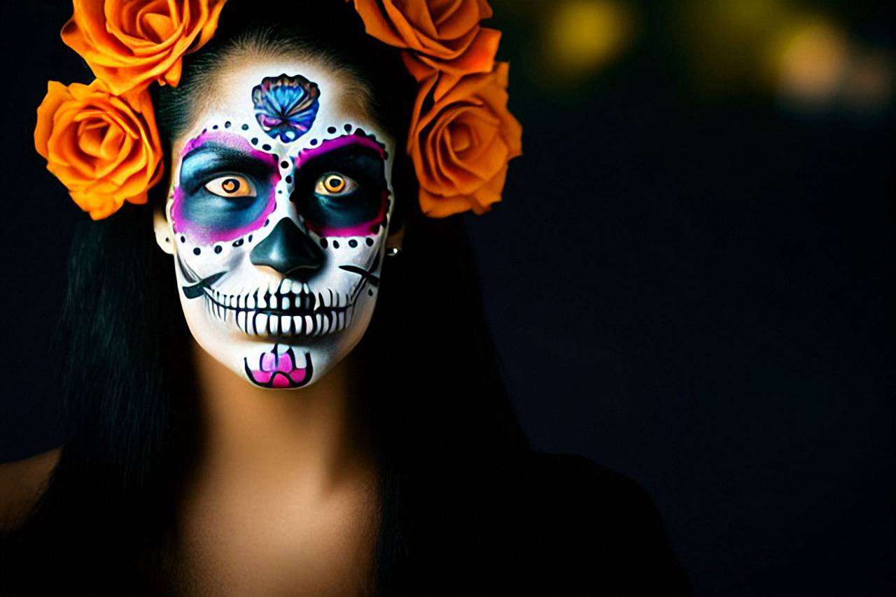 Día de los Muertos;cráneo;cara pintada,mujer,Halloween,adulto,una persona,retrato,rostro humano,fiesta,belleza,flor,decoración,sonriendo,