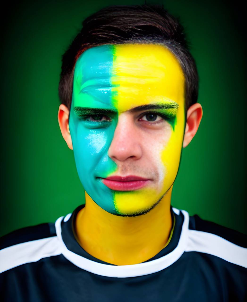 soccer;fan;brazil;painted;face,sport,men,one person,caucasian ethnicity,soccer,face paint,adult,patriotism,human face,fan,enthusiast,males,competitive sport,looking at camera,competition, 