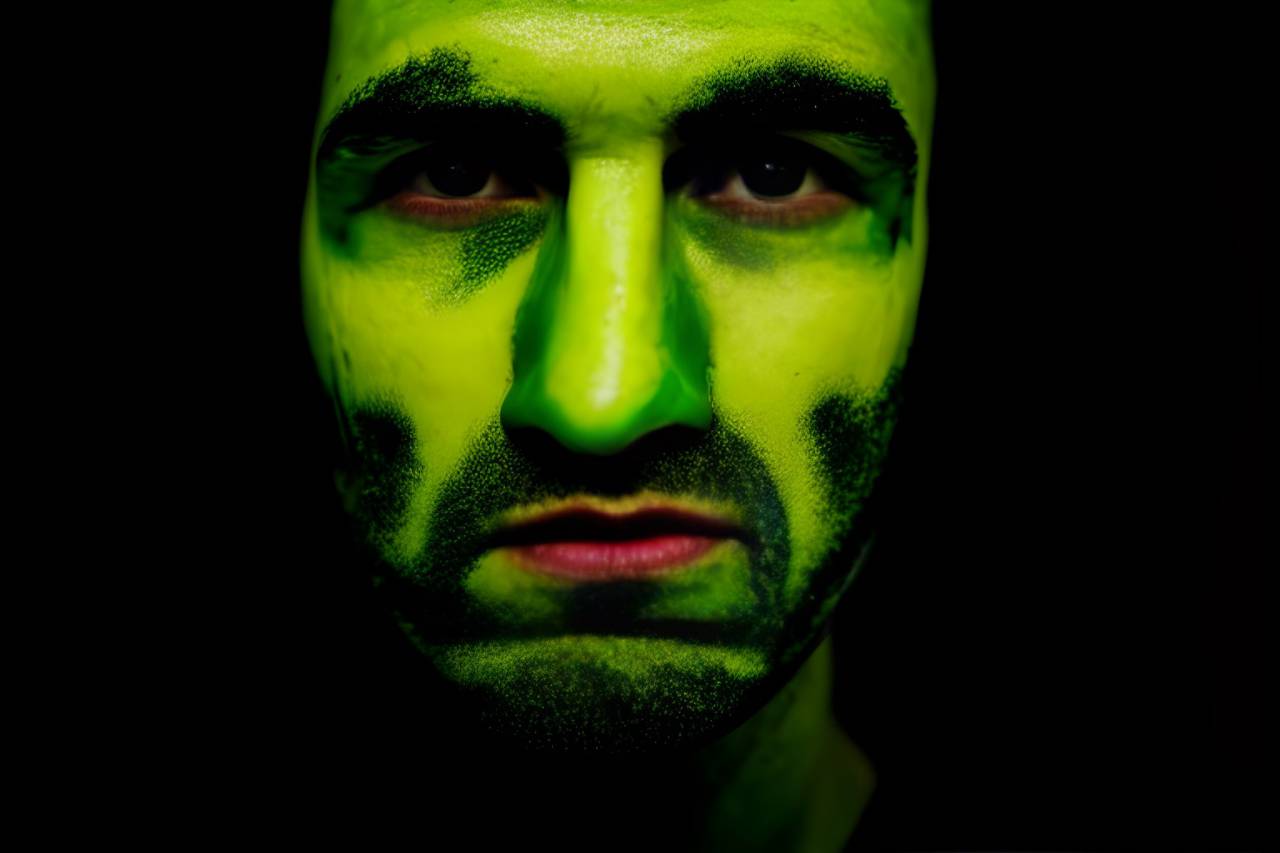 soccer;fan;brazil;painted;face,men,one person,adult,caucasian ethnicity,human face,portrait,looking at camera,males,close-up,young adult,looking,green color,black background,face paint,studio shot, 