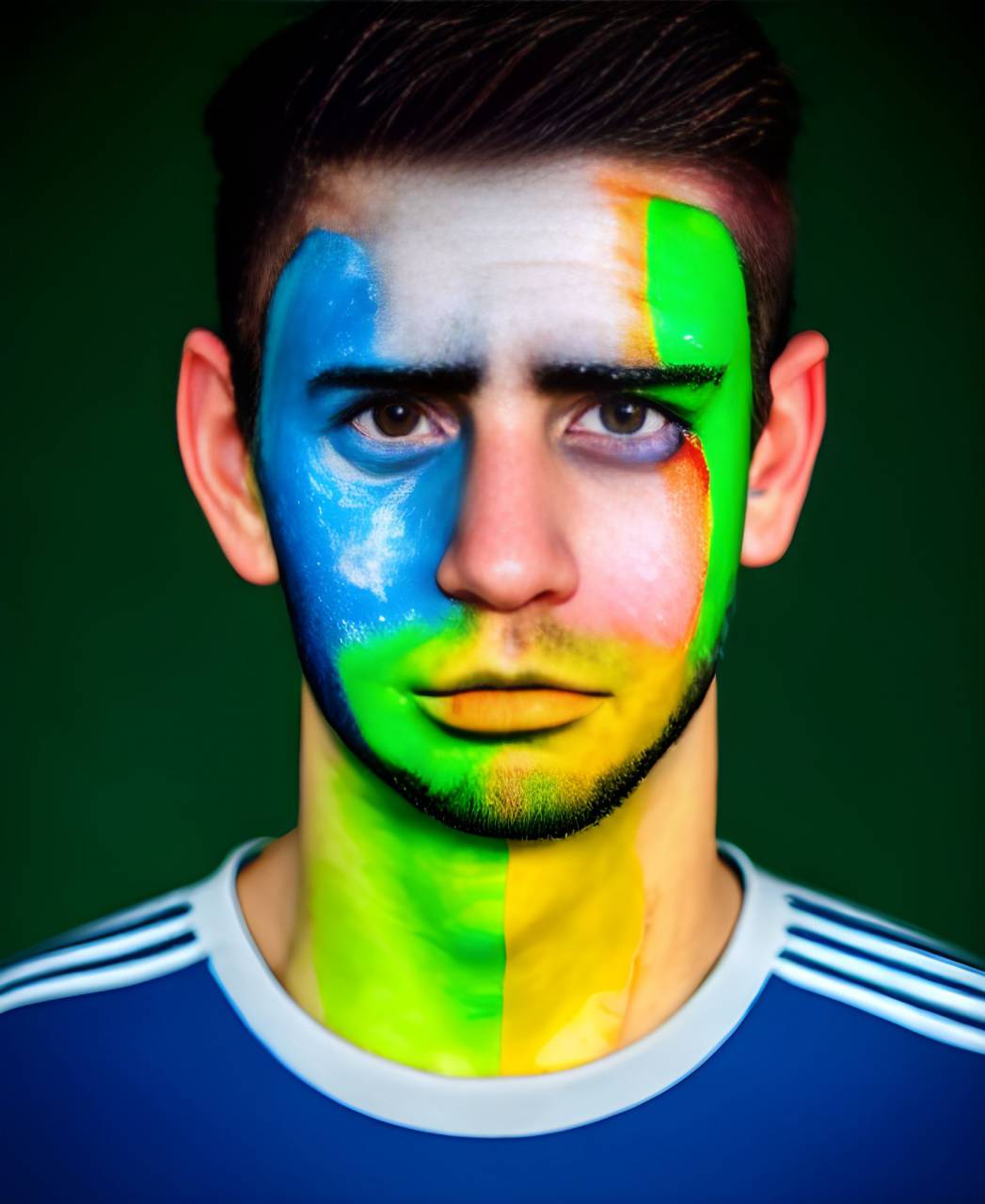 fútbol;ventilador;brasil;pintado;rostro,deporte,hombres,fútbol,pintura facial,etnicidad caucásica,patriotismo,ventilador,entusiasta,una persona,adulto,macho,rostro humano,espectador,pintura,éxito,sonriente,deporte competitivo,