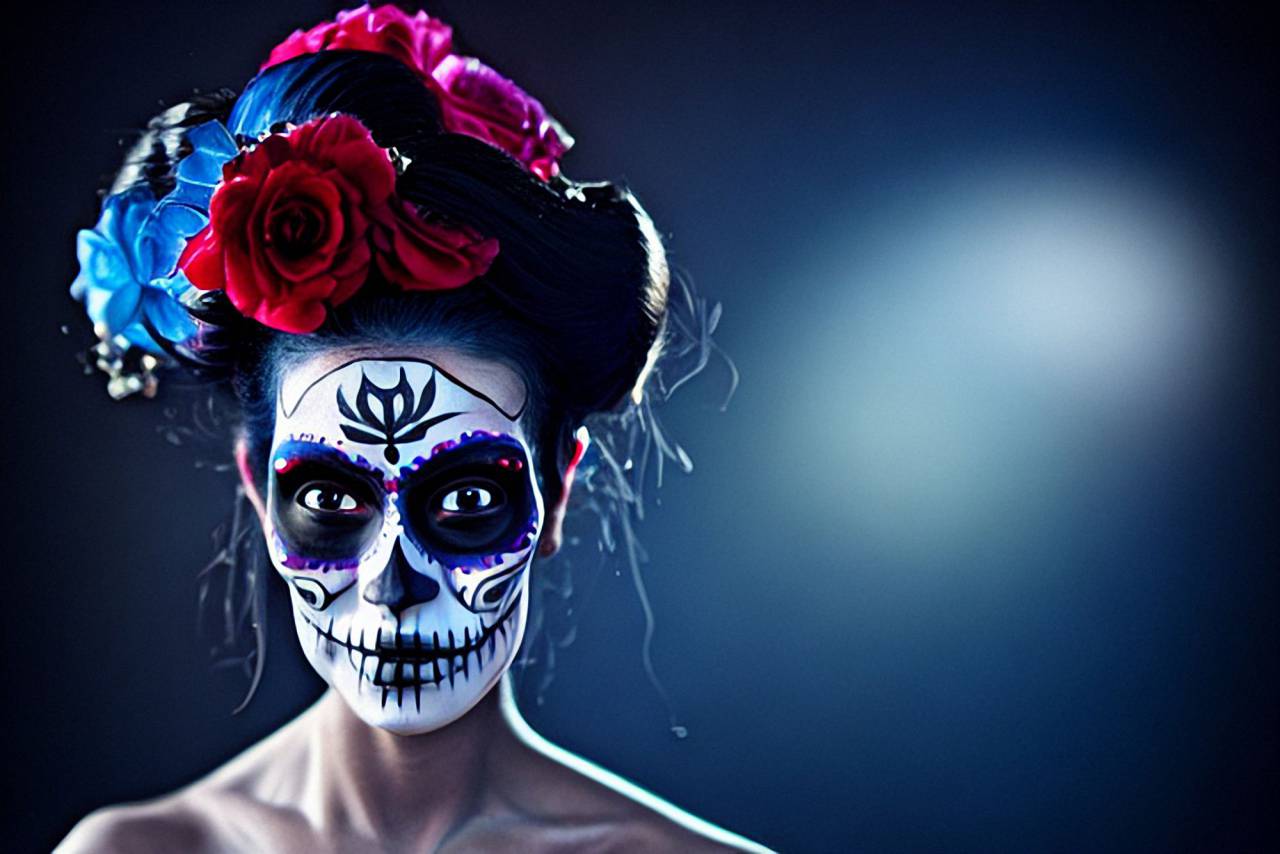 Día de Muertos;cráneo;cara pintada,halloween,una persona,mujer,retrato,rostro humano,adulto,flor,oscuro,espeluznante,muerte,belleza,fiesta,mirando a la cámara,
