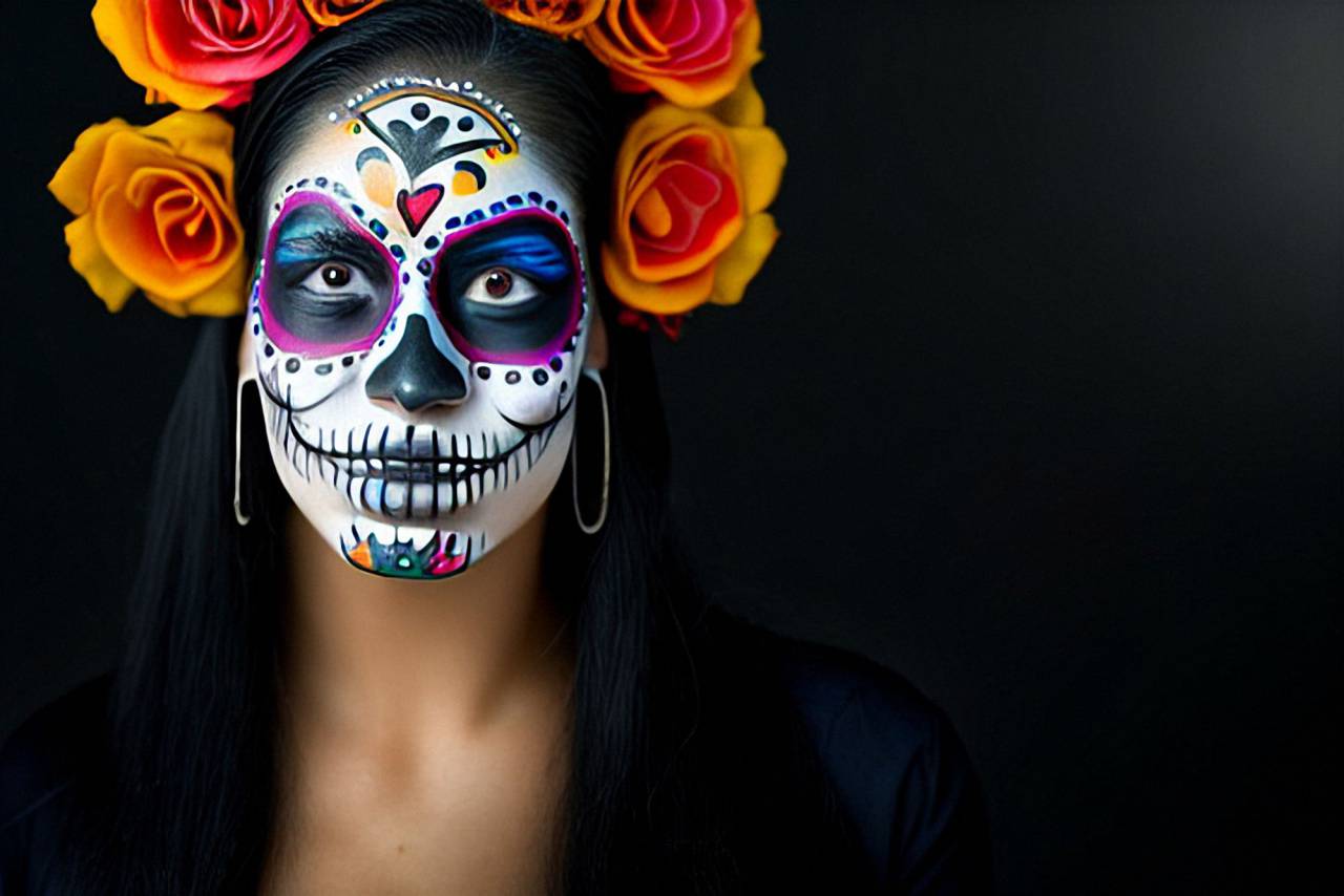 Día de Muertos;cráneo;cara pintada,mujer,una persona,retrato,adulto,halloween,rostro humano,belleza,adulto joven,fondo negro,flor,fiesta,mirando a la cámara,sonriendo,uno,mujer,