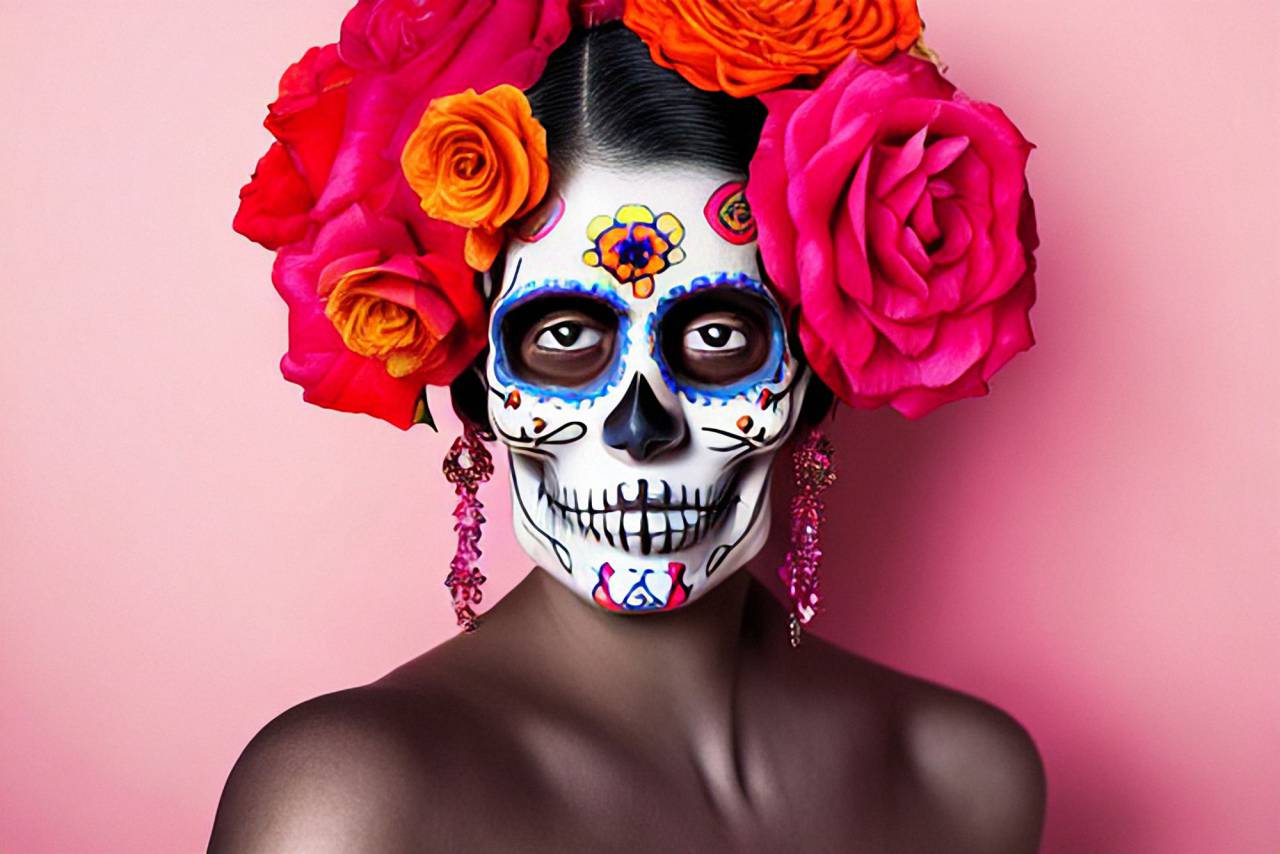 Día de Muertos;cráneo;cara pintada,flor,mujer,halloween,rostro humano,adulto,belleza,fiesta,retrato,color rosa,una persona,