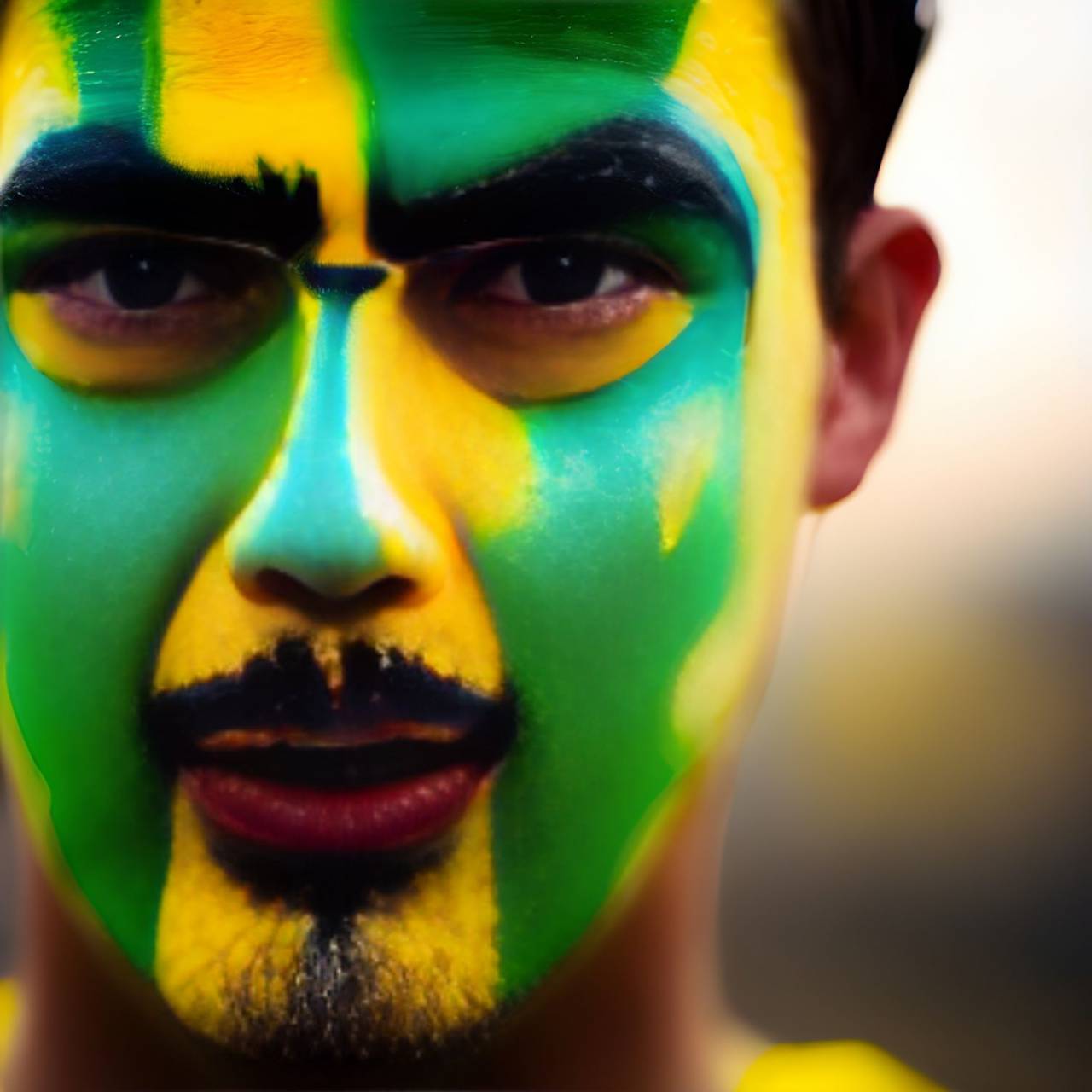 soccer;fan;brazil;painted;face,face paint,one person,human face,close-up,sport,men,caucasian ethnicity,adult,yellow,paint,portrait,fun,women,smiling,multi colored,looking at camera,young adult, 