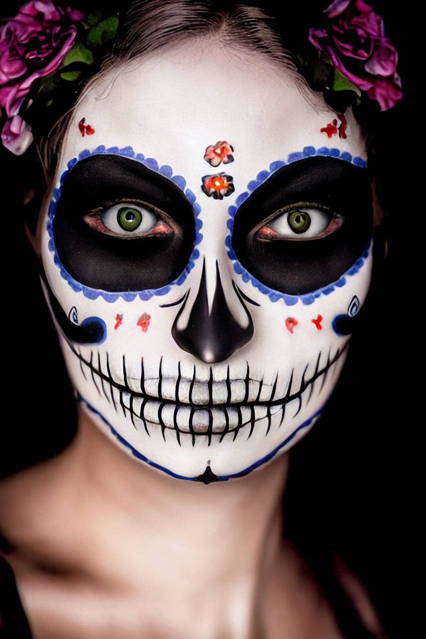 Día de Muertos;cráneo;cara pintada,halloween,rostro humano,mujer,una persona,close-up,retrato,cráneo humano,espeluznante,