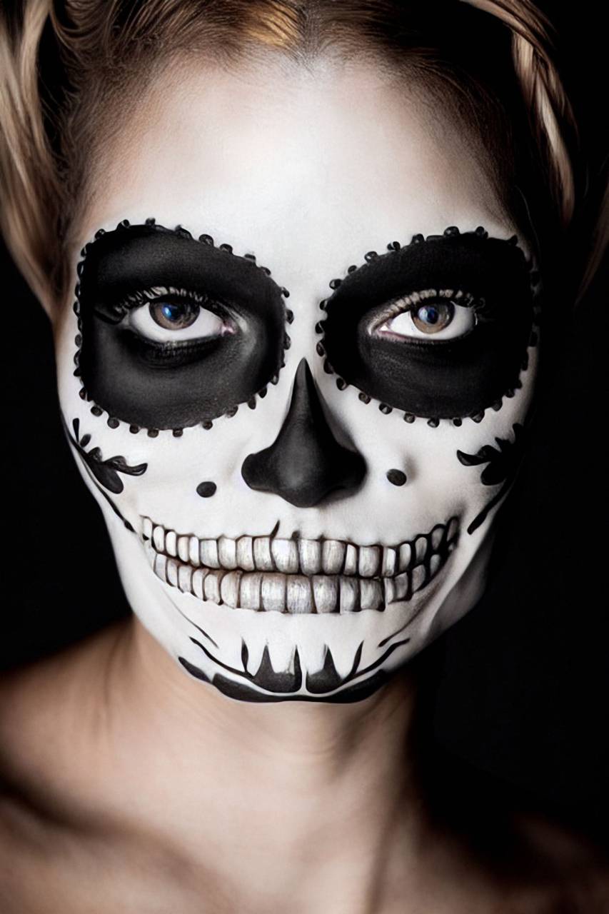 Day of the Dead;skull;painted face,halloween,one person,human face,close-up,portrait,spooky,caucasian ethnicity,human skull,looking at camera,human skeleton,studio shot,women,horror,men,adult,human eye,human head, 