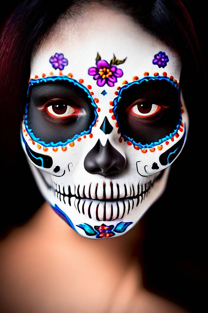 Día de Muertos;cráneo;cara pintada,halloween,rostro humano,mujer,cráneo humano,retrato,una persona,muerte,belleza,adulto,espeluznante,primer plano,decoración,esqueleto humano,ojo humano,
