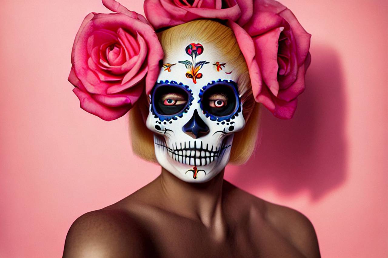 Día de Muertos;cráneo;cara pintada,halloween,mujer,flor,rostro humano,adulto,belleza,fiesta,retrato,una persona,cráneo humano,