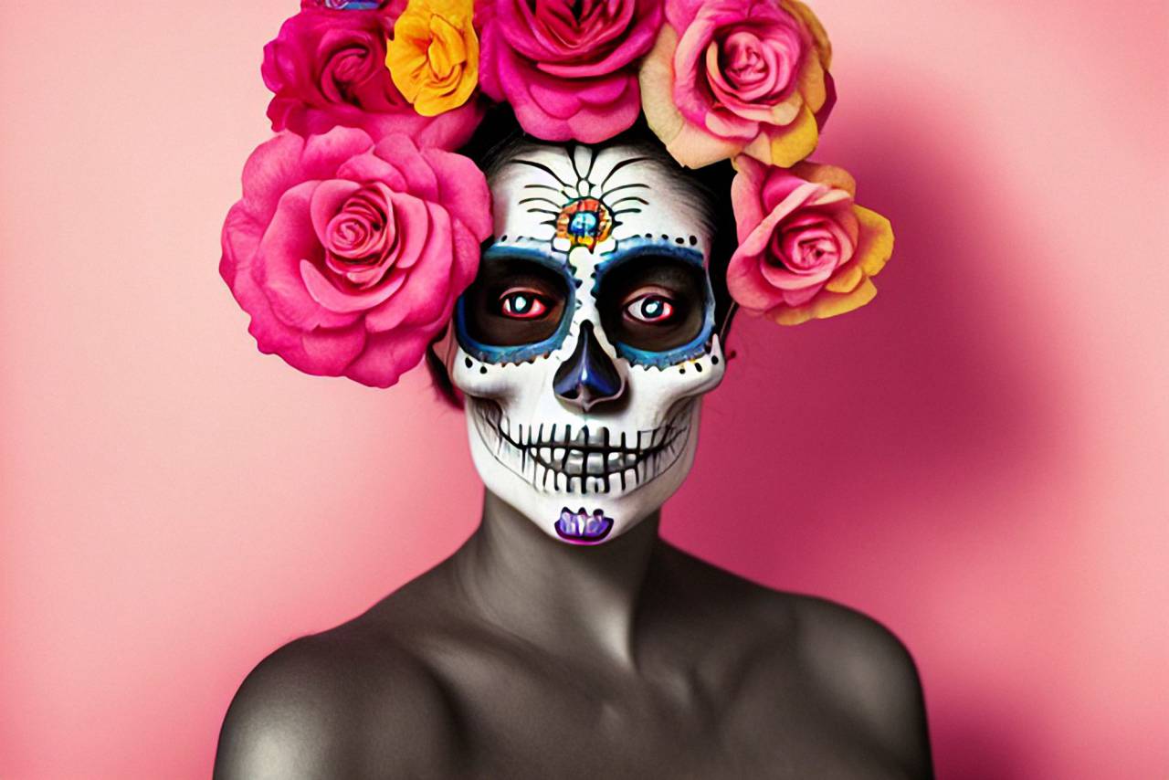 Day of the Dead;skull;painted face,flower,halloween,celebration,human face,death,women,human skull,beauty,decoration, 