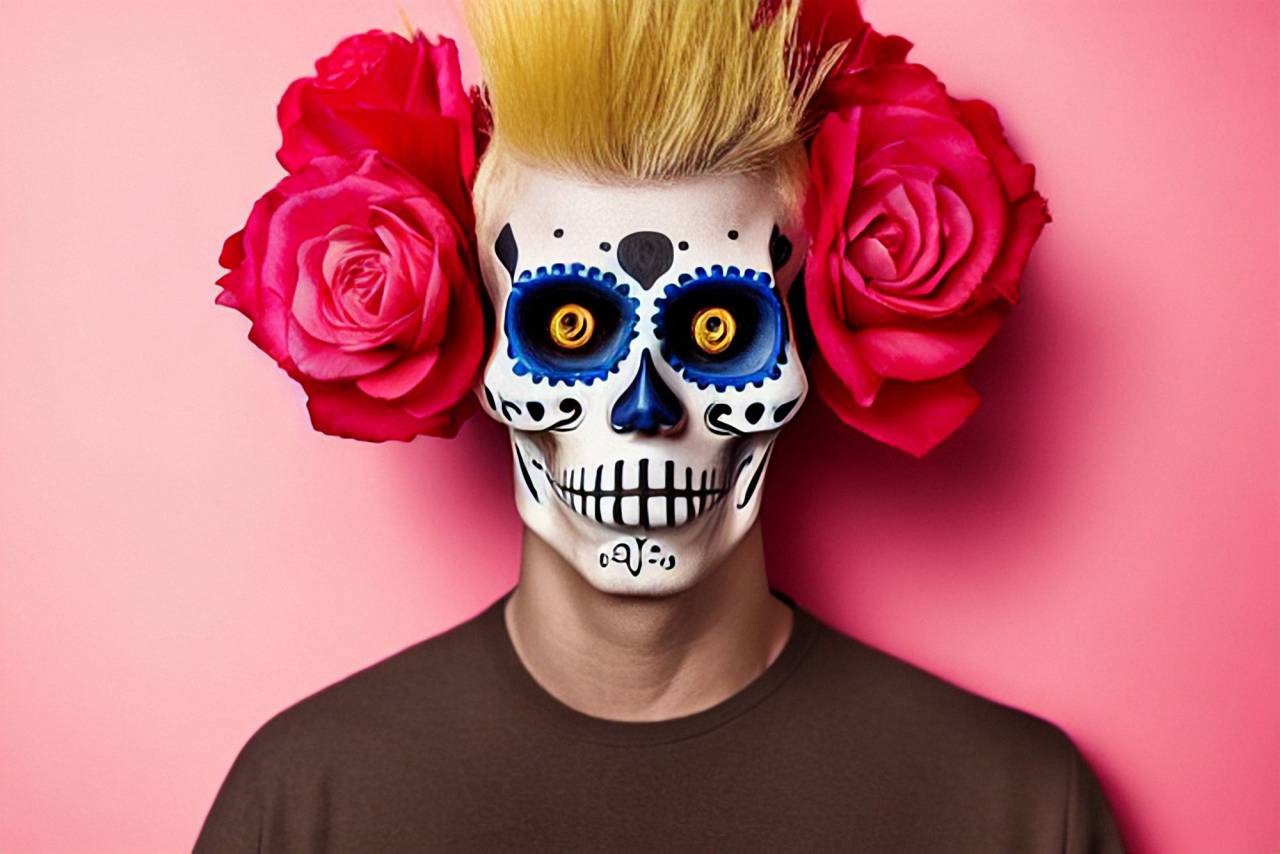 Día de Muertos;cráneo;cara pintada,halloween,una persona,retrato,rostro humano,flor,hombres,adulto,peinado,etnia caucásica,mujeres,cabeza humana,adulto joven,