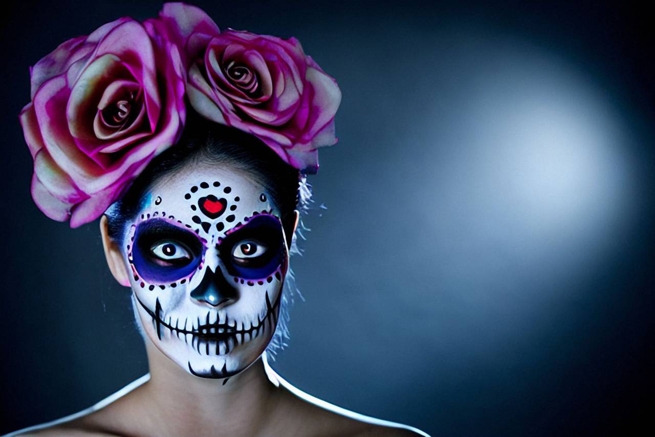 Día de Muertos;cráneo;cara pintada,halloween,una persona,mujer,retrato,rostro humano,adulto,belleza,flor,espeluznante,etnia caucásica,primer plano,celebración,adulto joven,mirando a la cámara,