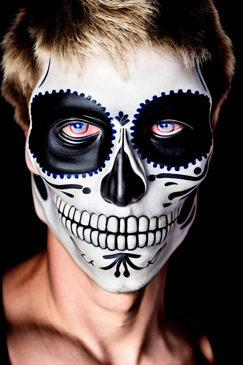 Day of the Dead;skull;painted face,halloween,human face,one person,close-up,men,portrait,human skull,spooky,human head,caucasian ethnicity,horror,black background,human skeleton,studio shot,males, 