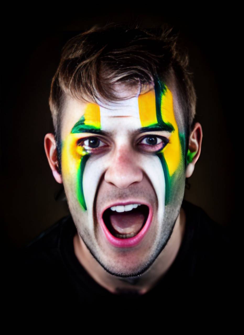 fútbol;ventilador;brasil;pintado;rostro,hombres,gritos,pintura facial,deporte,una persona,etnia caucásica,adulto,rostro humano,ventilador,entusiasta,varones,retrato,pintura,mirando a la cámara,adulto joven,espectador,negro antecedentes,gritando,sonriendo,fútbol,alegre,felicidad,