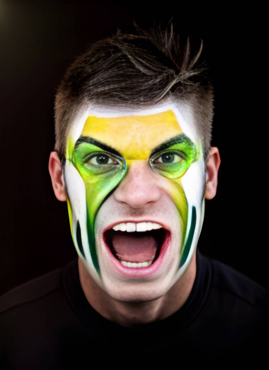 soccer;fan;brazil;painted;face,one person,men,caucasian ethnicity,looking at camera,face paint,sport,adult,portrait,human face,smiling,males,screaming,young adult,front view,black background,fan,enthusiast,cheerful,studio shot,happiness, 