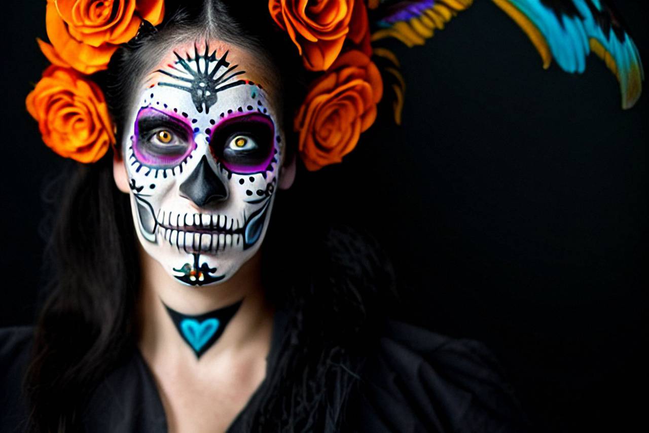Día de Muertos;cráneo;cara pintada,halloween,mujer,una persona,rostro humano,retrato,adulto,fiesta,espeluznante,