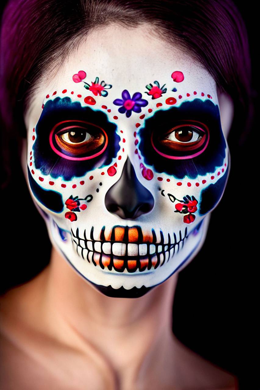 Día de Muertos;cráneo;cara pintada,halloween,rostro humano,retrato,mujer,una persona,multicolor,adulto,belleza,cráneo humano,close-up,ojo humano,