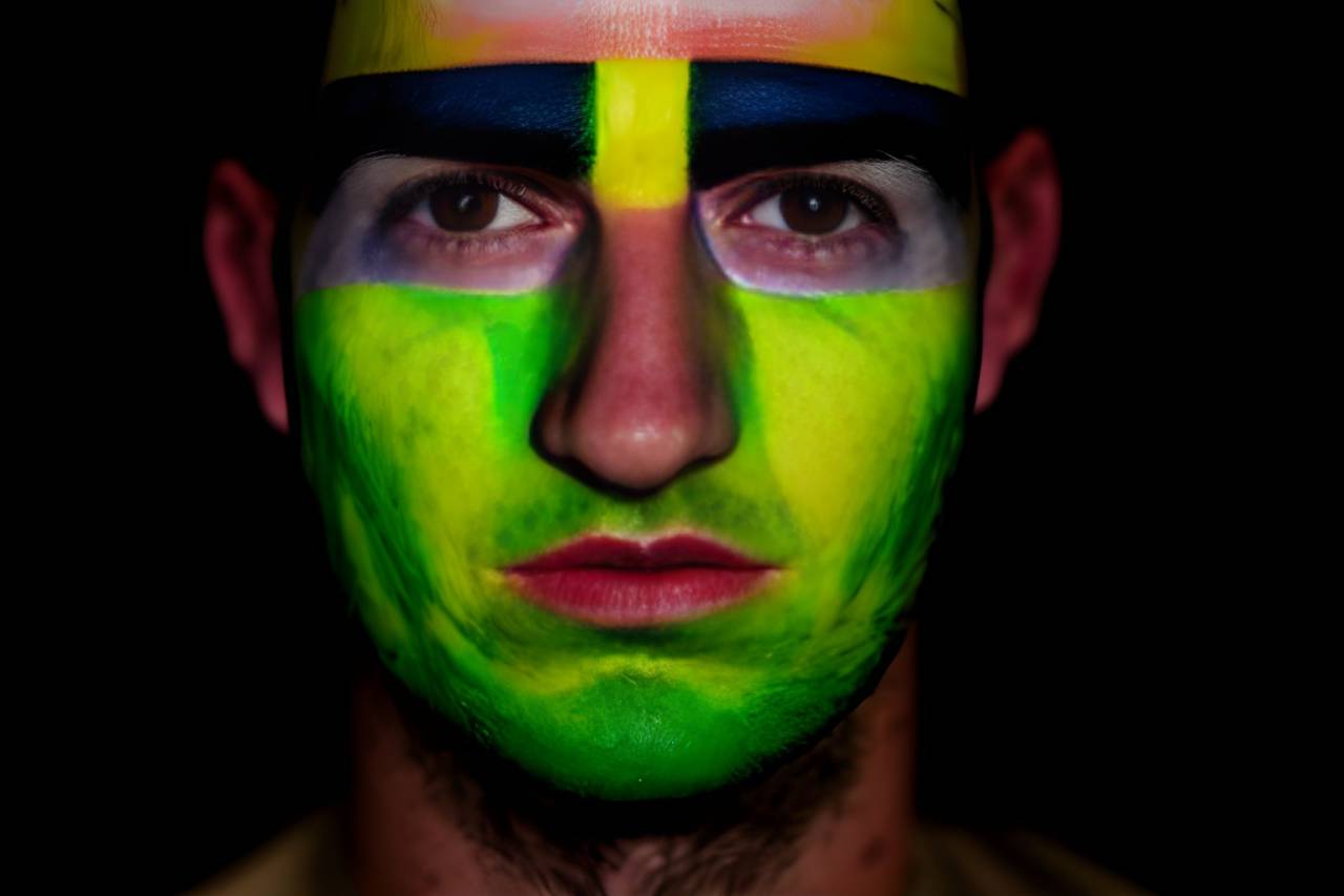 soccer;fan;brazil;painted;face,men,face paint,one person,human face,adult,portrait,caucasian ethnicity,paint,looking at camera,close-up,males,studio shot,front view,young adult,black background,women, 