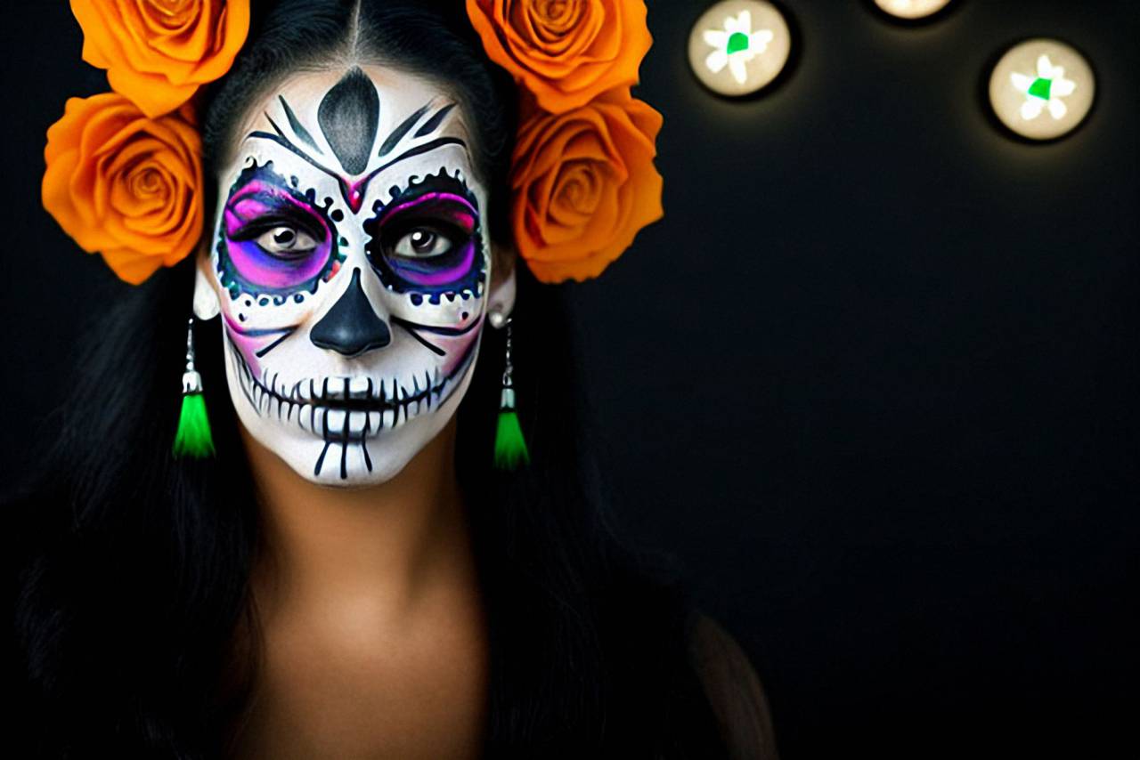 Day of the Dead;skull;painted face,women,halloween,one person,adult,portrait,beauty,young adult,human face,flower,celebration,caucasian ethnicity,decoration,dark,black background, 