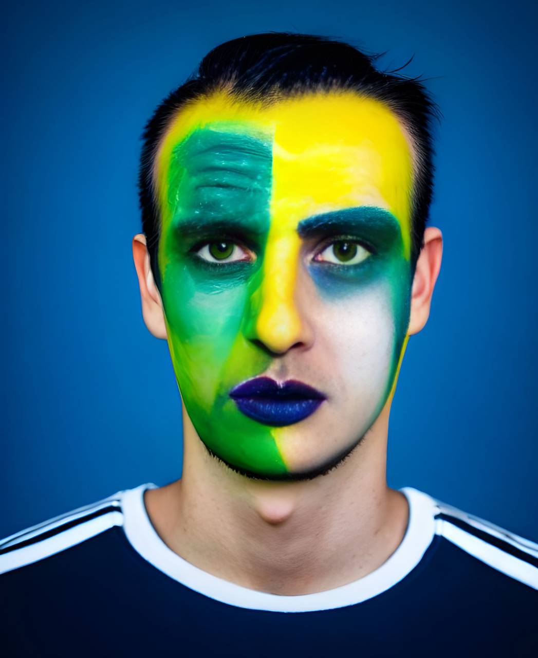 soccer;fan;brazil;painted;face,one person,caucasian ethnicity,portrait,face paint,adult,multi colored,human face,men,blue,looking at camera,close-up,paint,women,sport,studio shot,young adult,front view, 