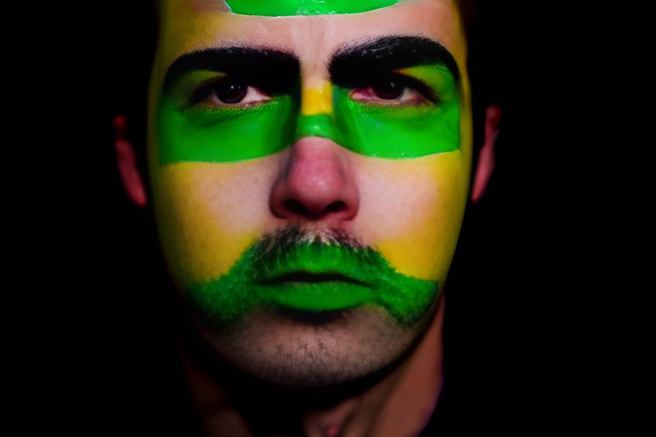 fútbol;ventilador;brasil;pintado;cara,pintura facial,hombres,una persona,deporte,etnia caucásica,rostro humano,patriotismo,adulto,fútbol,ventilador,entusiasta,pintura,mirando a la cámara,fondo negro,espectador,retrato,
