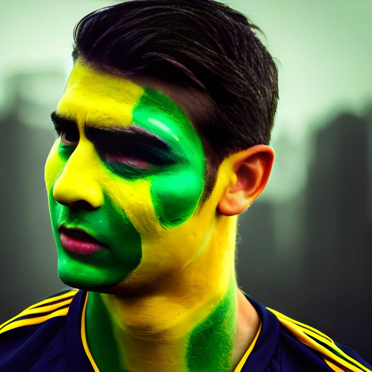 fútbol;ventilador;brasil;pintado;rostro,una persona,hombres,deporte,adulto,pintura facial,varones,etnia caucásica,competencia,retrato,ventilador,entusiasta,bandera brasileña,fútbol,éxito,rostro humano,