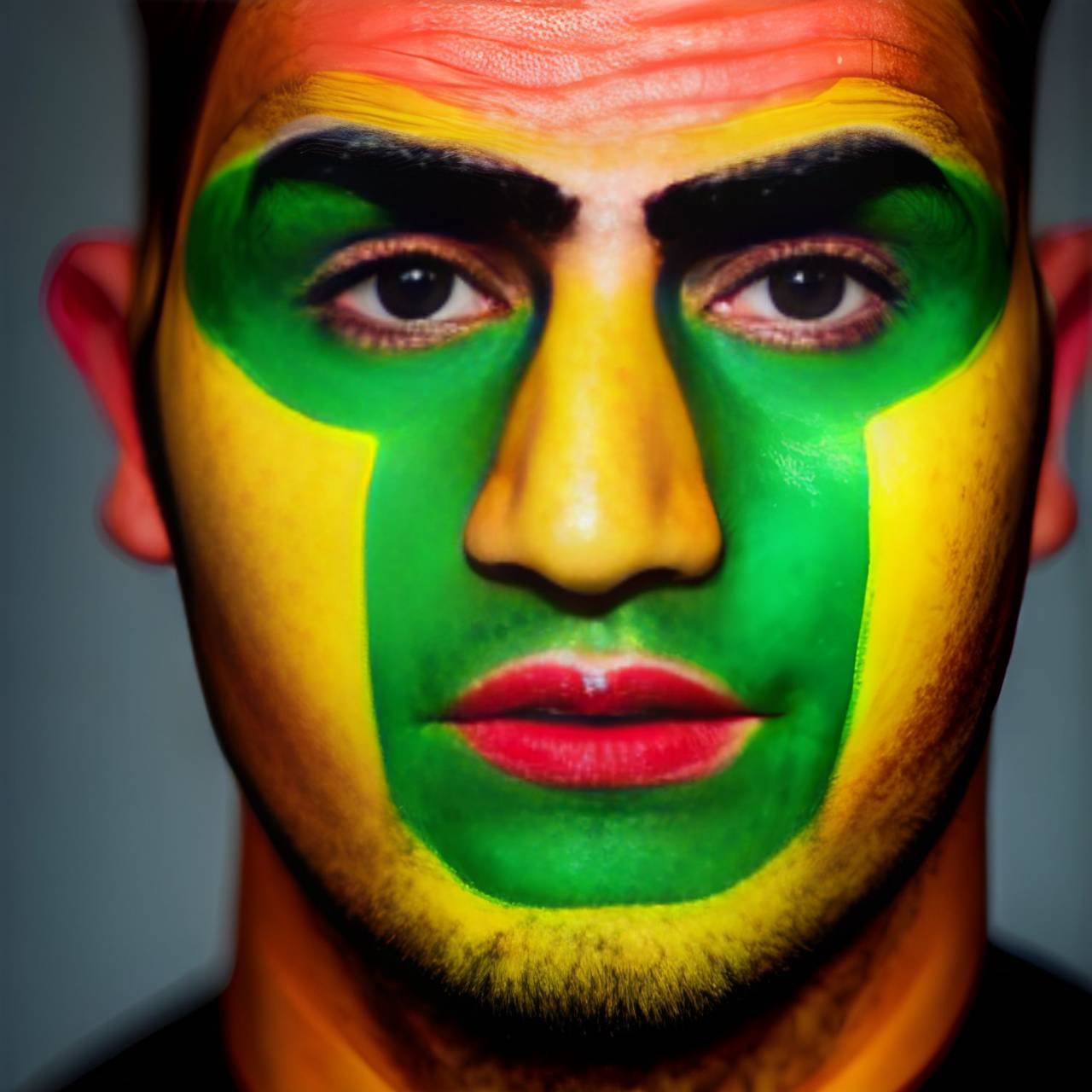 fútbol;ventilador;Brasil;pintado;cara,hombres,rostro humano,pintura facial,una persona,adulto,deporte,mirando a la cámara,sonriendo,retrato,etnia caucásica,close-up,