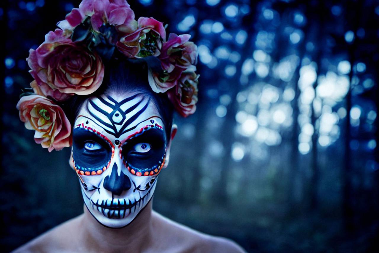 Día de Muertos;cráneo;cara pintada,halloween,mujer,una persona,retrato,rostro humano,adulto,espeluznante,día de muertos,flor,oscuro,muerte,fiesta,pintura facial,decoración,