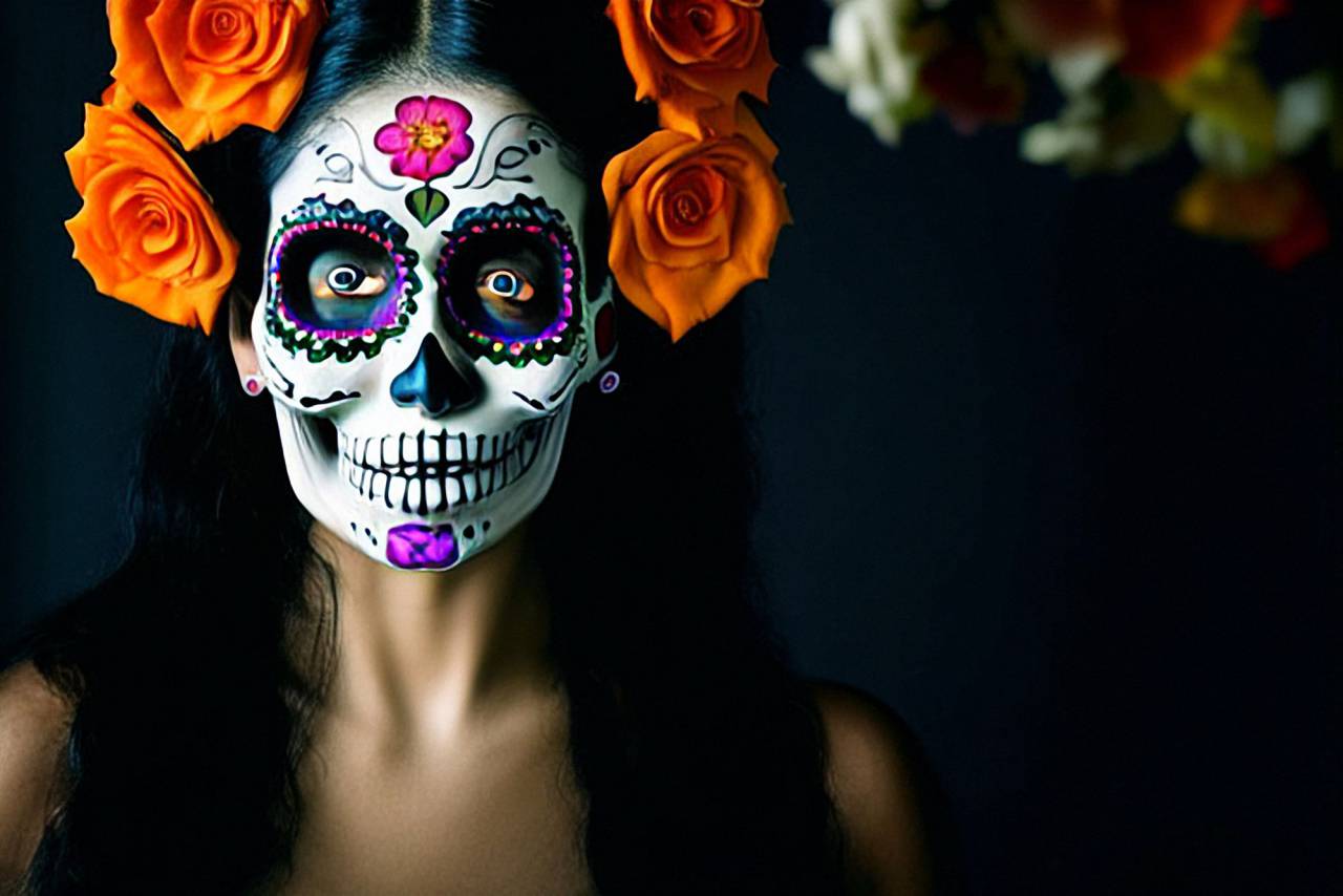 Day of the Dead;skull;painted face,women,halloween,flower,adult,beauty,portrait,one person,human face,celebration,death,young adult,dark, 