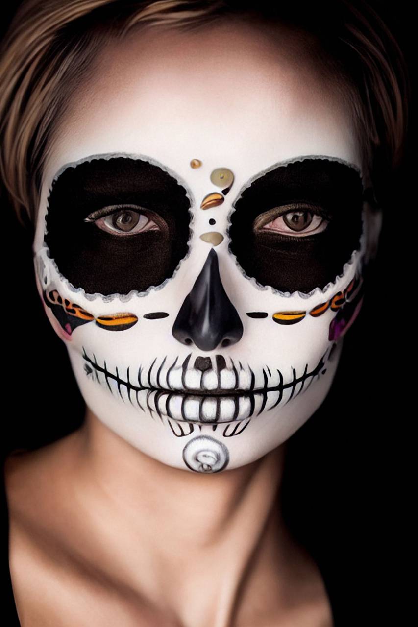Día de Muertos;cráneo;cara pintada,halloween,rostro humano,una persona,mujer,retrato,primer plano,espeluznante,cráneo humano,etnia caucásica,adulto,hombres,belleza,adulto joven,ojo humano,