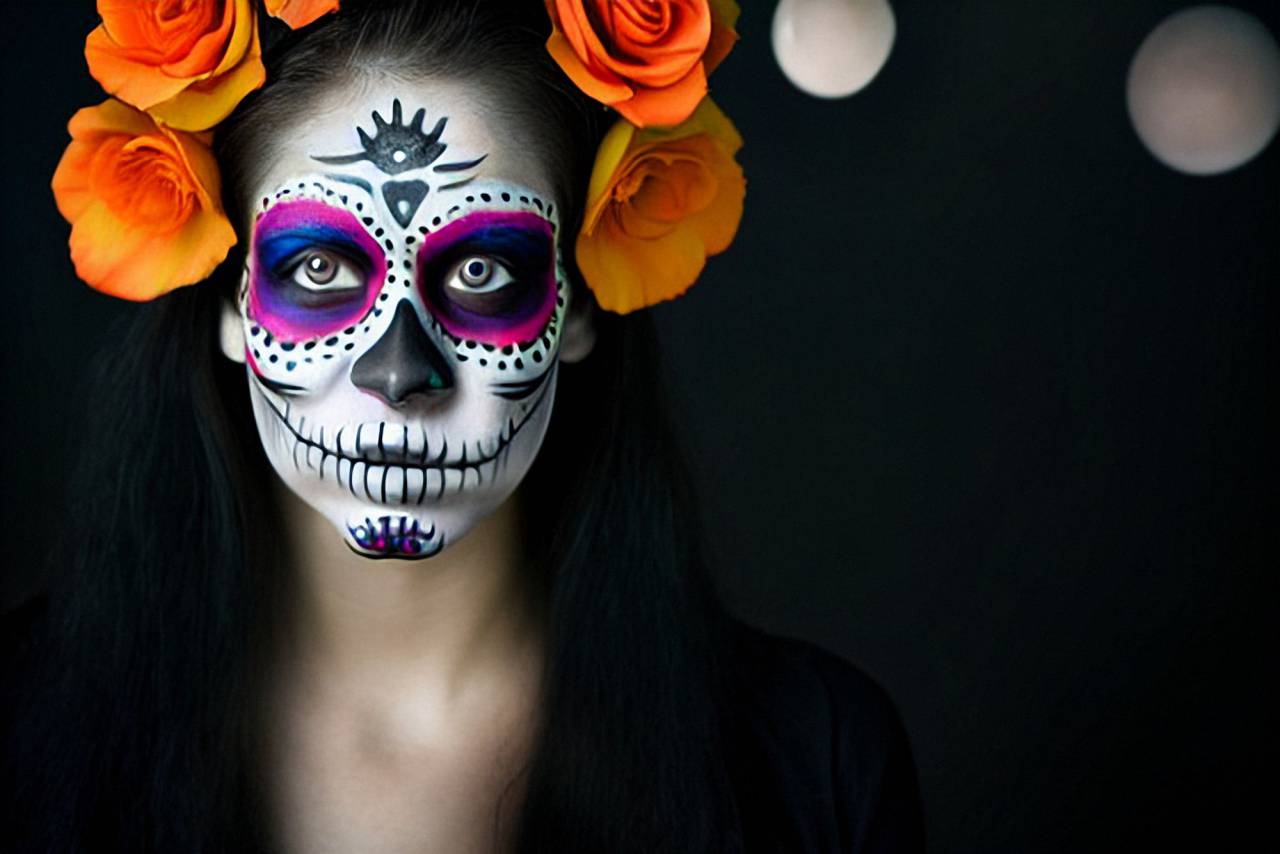 Día de Muertos;cráneo;cara pintada,mujer,una persona,halloween,retrato,adulto,adulto joven,belleza,rostro humano,flor,fiesta,etnia caucásica,decoración,mirando a la cámara,primer plano,