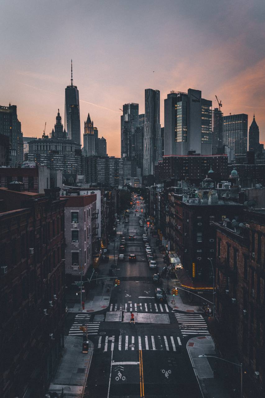 city, dusk, view, street, urban, buildings, new york, nyc, crosswalk, skyline, pastel, clouds, brick, glass, cars, rooftops
, 