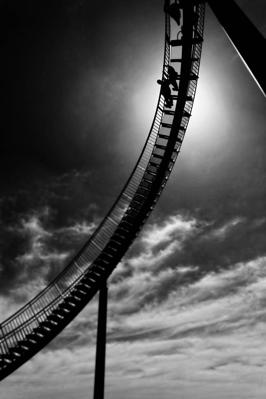 clouds, sky, black and white, stairs, architecture, structure, people, silhouette, roller, coaster, ride, adventure
, 