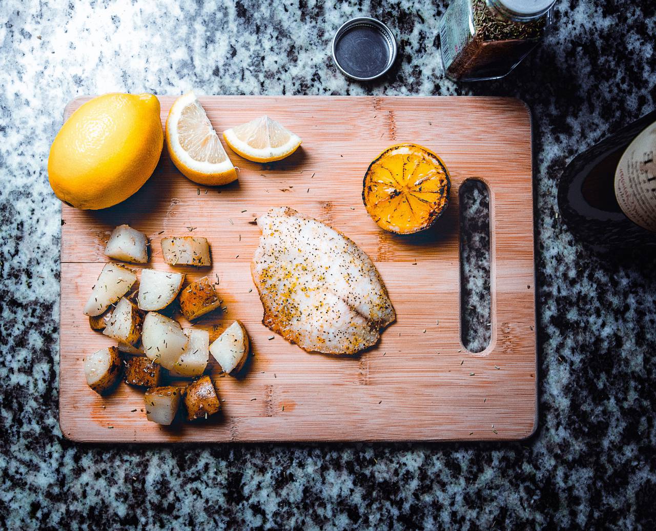 fish, lemon, chopping board, cooking, food, knife, herbs, dinner, dish, meal, potatoes, spices, table, wood
, 