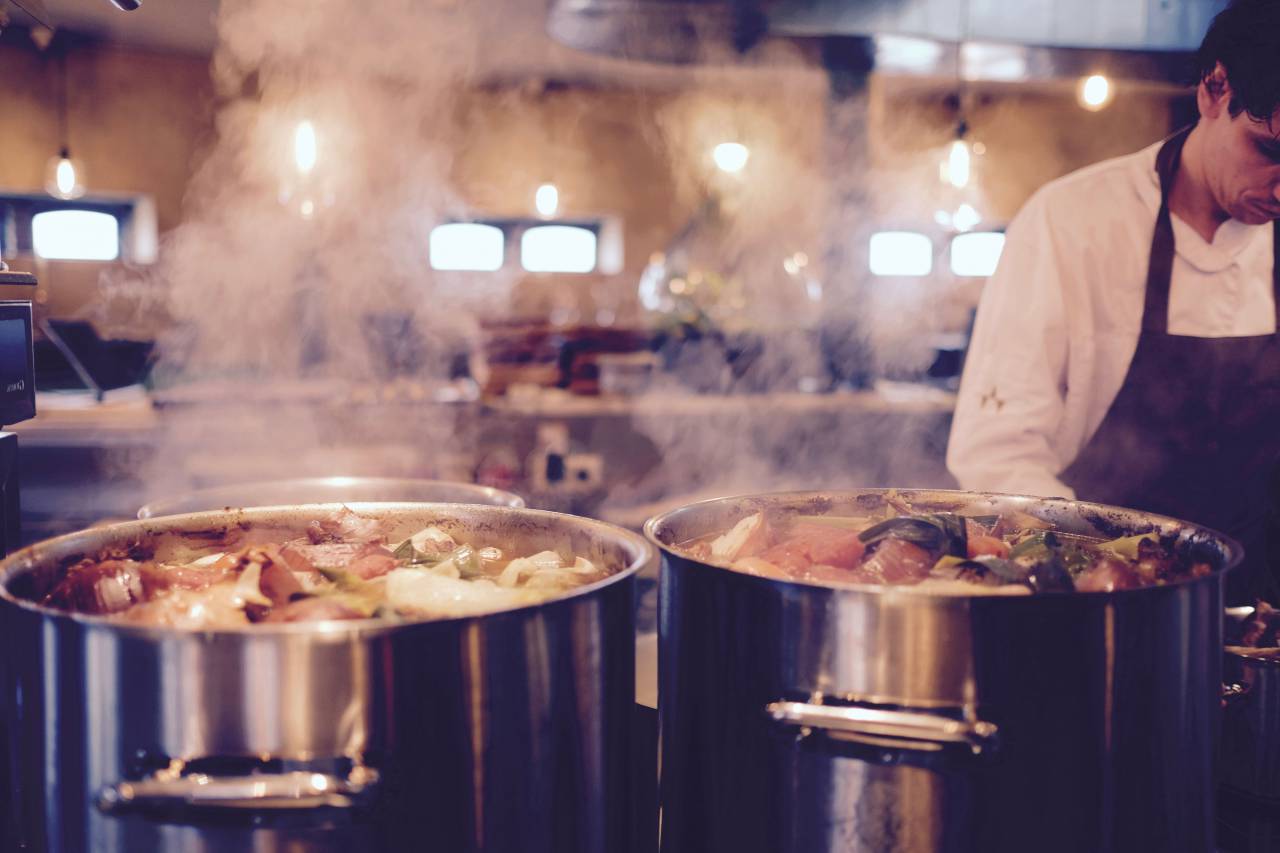 food, cook, kitchen, chef, apron, work, silver, stainless, pots, smoke, steam, soup
, 