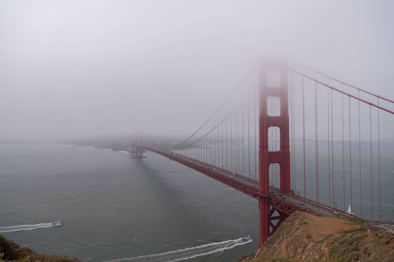 Puente Golden Gate, San Francisco, arquitectura, bahía, agua, barcos, niebla, gris, cielo,