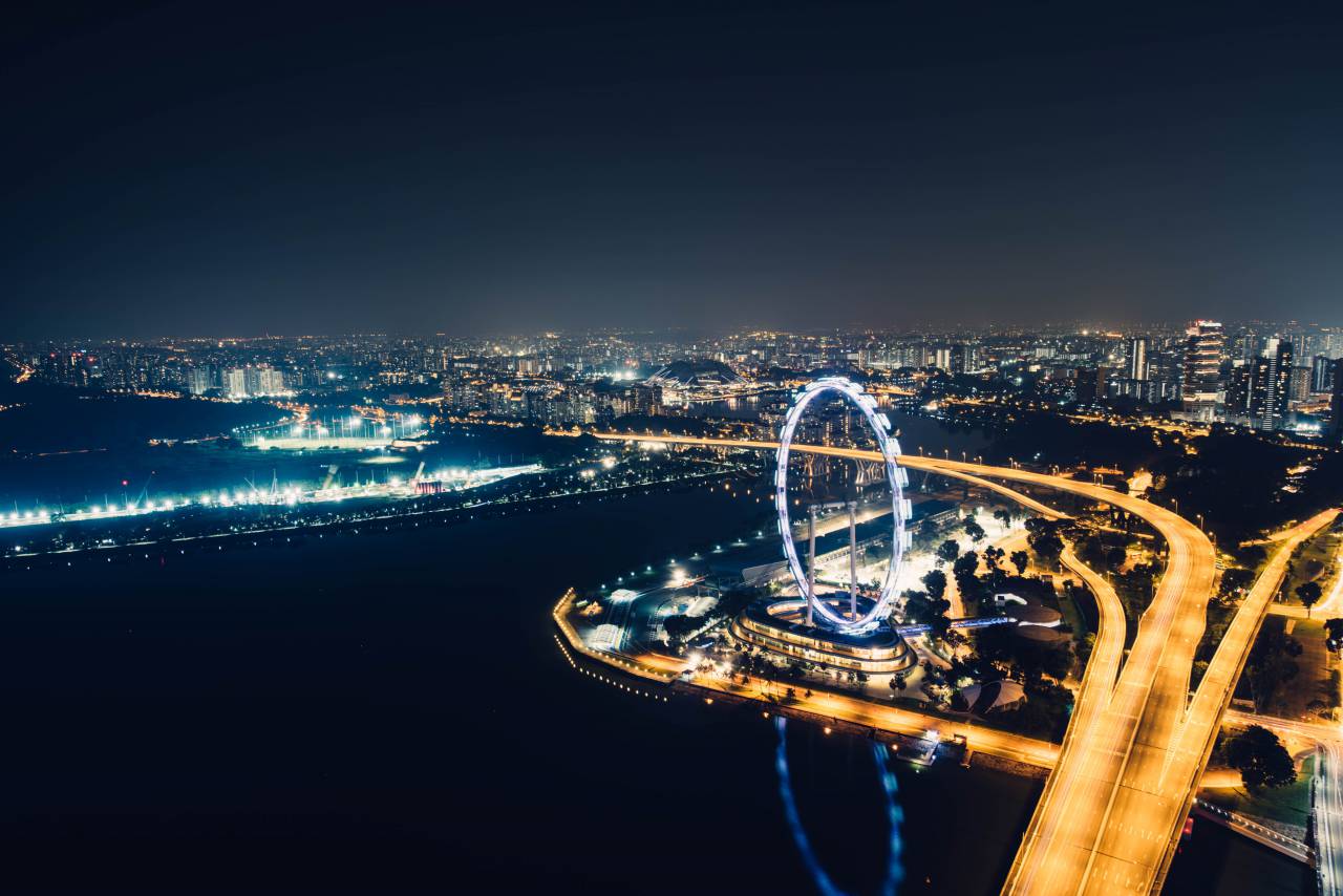 night, sky, lights, buildings, structure, highway, road, street, car, vehicle, skyline, city, urban, amusement, ride, adventure, view
, 