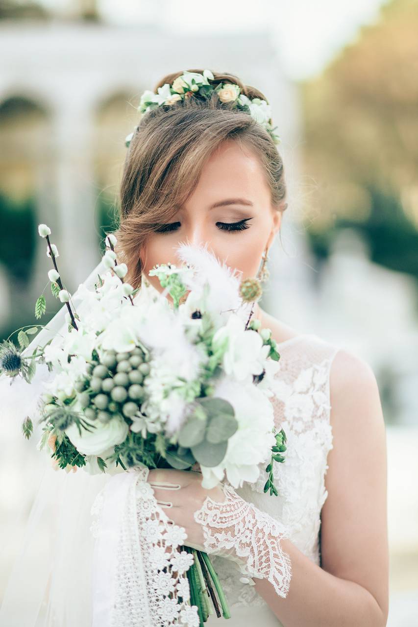 people, woman, girl, bride, wedding, dress, white, gown, makeup, beauty, flower, bouquet
, 