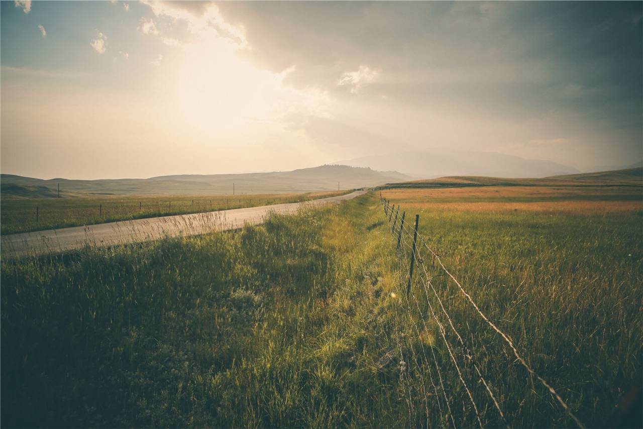 rural, camino, paisaje, césped, campos, montañas, cielo, amanecer,