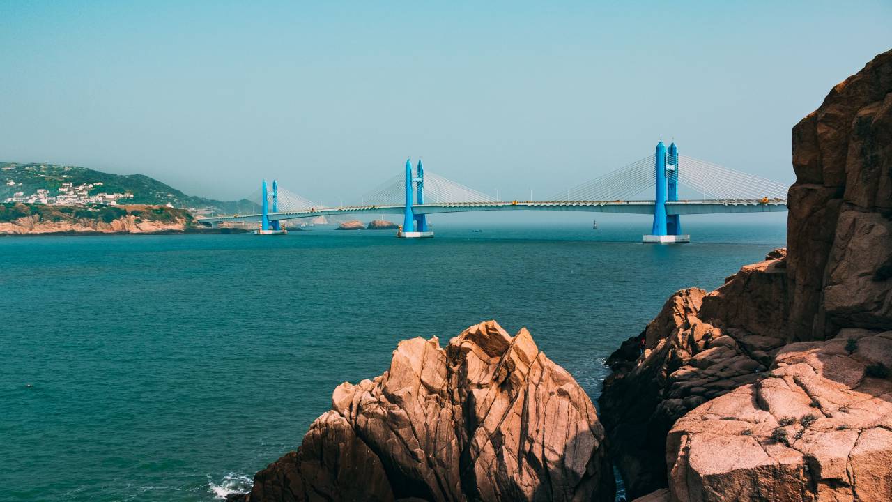 sea, ocean, blue, water, waves, nature, landscape, mountain, rocks, hill, cliff, rocks, architecture, bridge, infrastructure, view, sky
, 