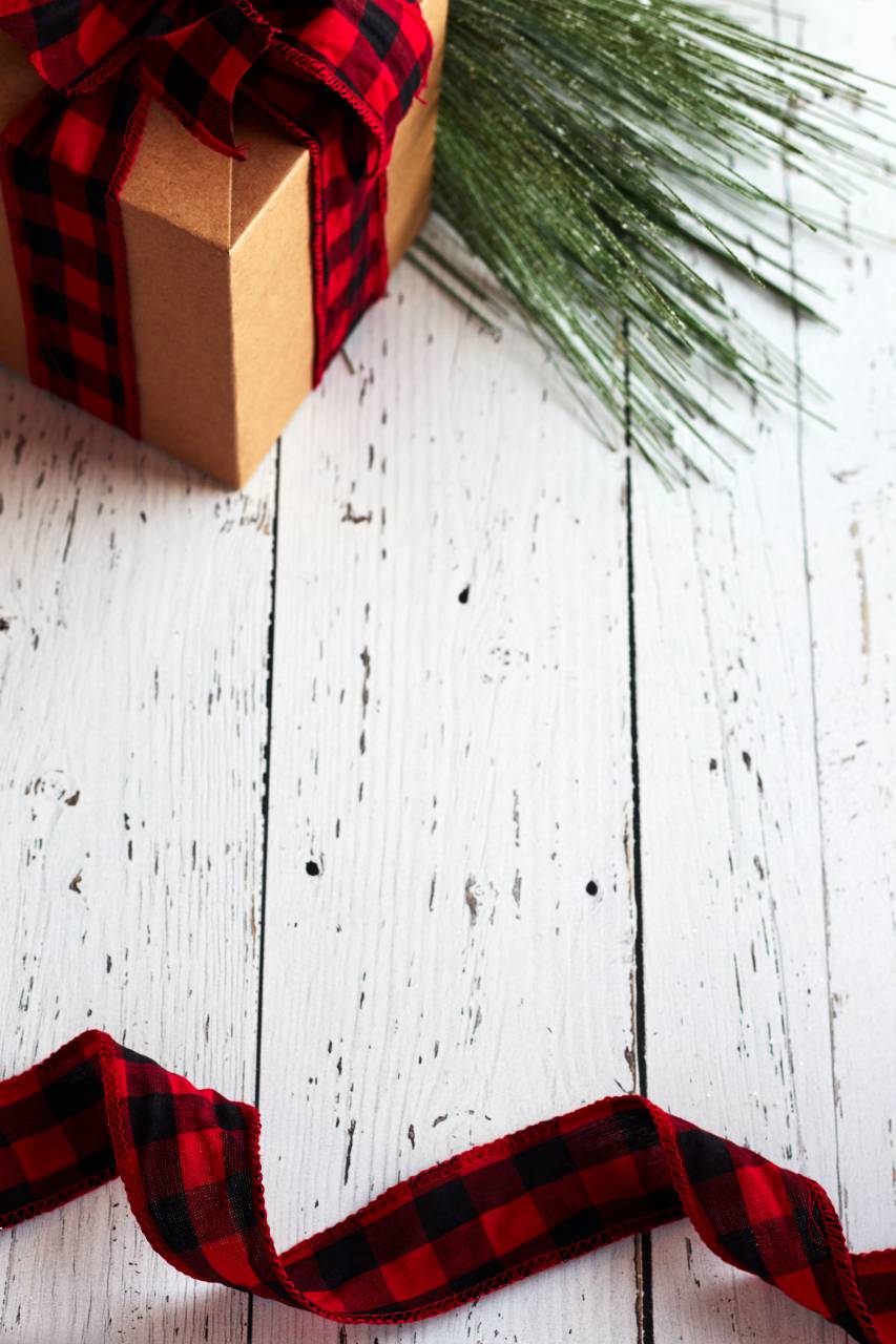 Estacional, antecedentes, Navidad, plano, cinta, pino, árbol, festivo, copyspace, vacaciones, rojo, alegre, Navidad, fondo, caja, regalo, rústico, de madera,