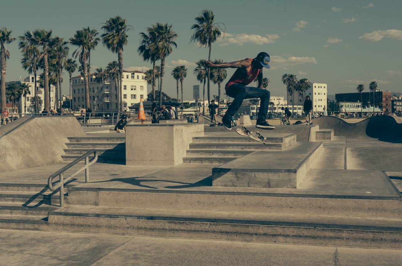 skater, skateboard, skate park, steps, railing, sunny, palmtrees, pylon, tricks, kickflip, jump, kid, boy, ramp, concrete, street
, 