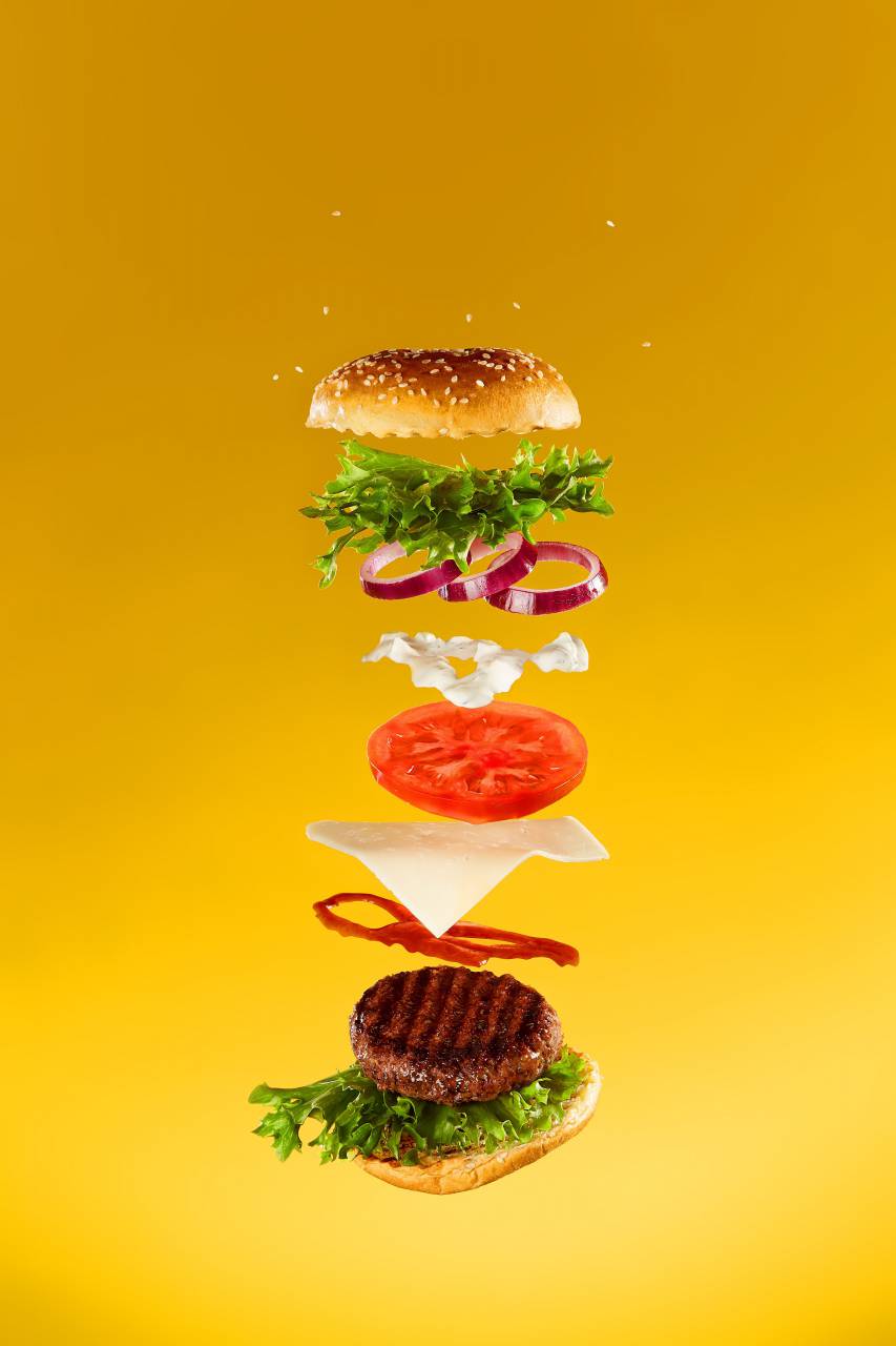 food, bun, burger, lettuce, hamburger, bread, tomato, sandwich, onion, background, isolated, meal, cheese, beef, salad, white, grilled, fresh, meat, ingredient, snack, cheeseburger, sesame, fastfood, fast, menu, classic, steak, american, cucumber, vegetable, bacon, sauce, gourmet, float, red, ham, roasted, ingredients, delicious, design, fly, cheddar, lunch, creative, ketchup, unhealthy, vertical, big, floating, 
